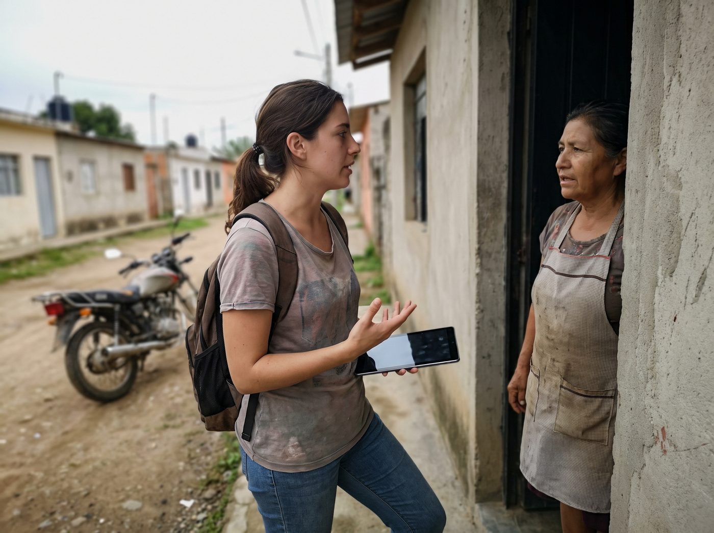Encuestadora de campo entrevistando a una vecina en la puerta de su casa